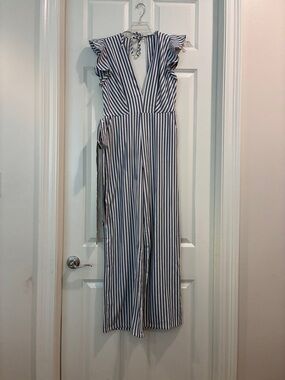 Fashion Nova Blue and White Striped V-Neck Jumpsuit